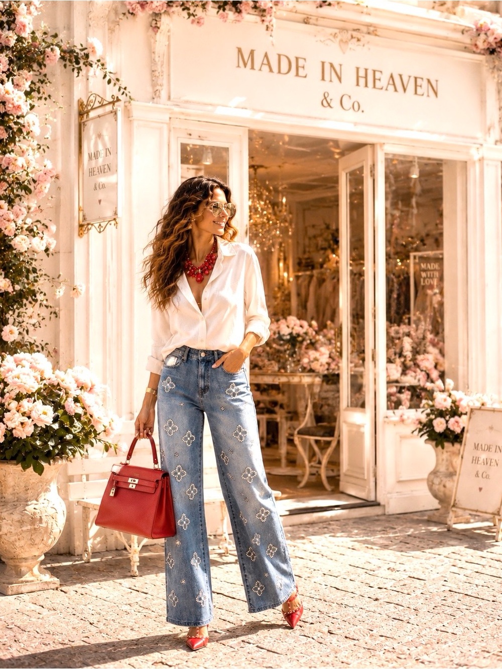 PARIS Embroidered Light Blue Wide-Leg Jeans for Women.